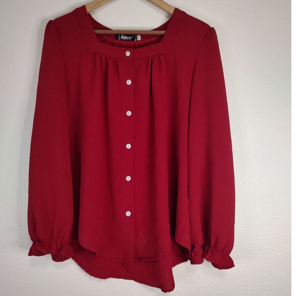 Aifer Red Square Neck Long Sleeve Button Front Blouse Size XL